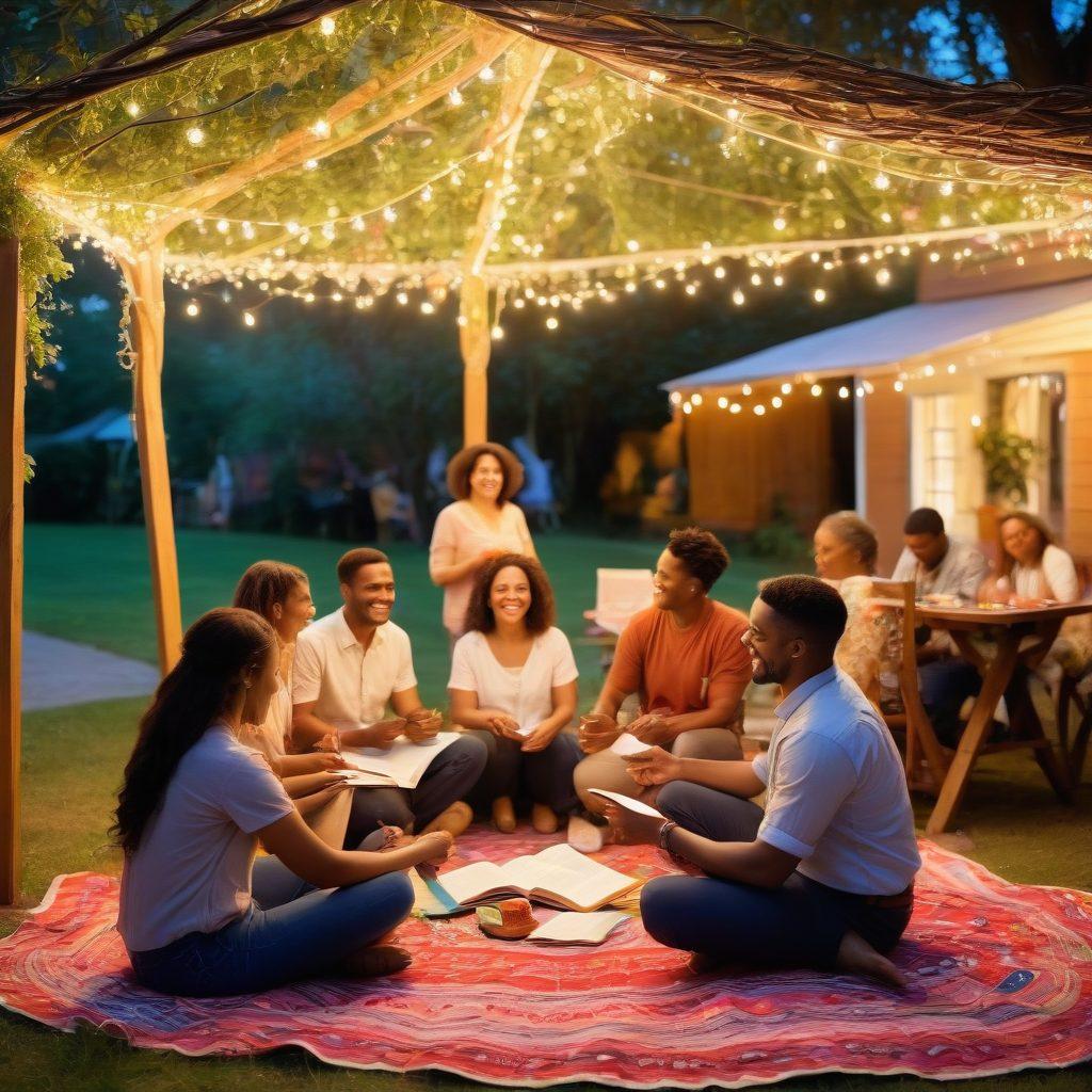An inviting outdoor scene featuring a diverse group of confident and carefree adults, engaging in joyful activities like dancing and laughter under colorful string lights. In the foreground, an open book titled 'Financial Protection' lies on a vibrant picnic blanket, surrounded by playful props symbolizing different types of insurance (e.g., umbrellas, shields, hearts). The atmosphere should exude warmth, community, and inclusivity, showcasing a sense of security and enjoyment. soft focus, vibrant colors, and a lively atmosphere.