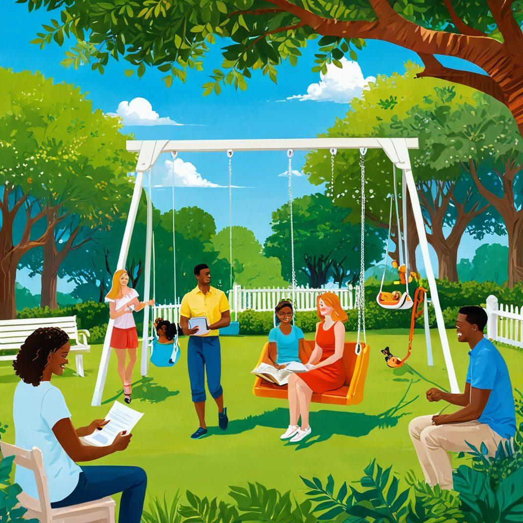 A whimsical, vibrant illustration depicting a colorful swing set surrounded by diverse couples enjoying a playful, joyful atmosphere. In the background, a friendly insurance agent presents an oversized policy document with a gleaming smile, symbolizing safety and guidance. The scene includes lush greenery and a bright sky to evoke a sense of freedom and joy. The overall composition should be inviting and playful, reflecting a fantasy lifestyle with elements of trust and protection. vibrant colors. illustration.