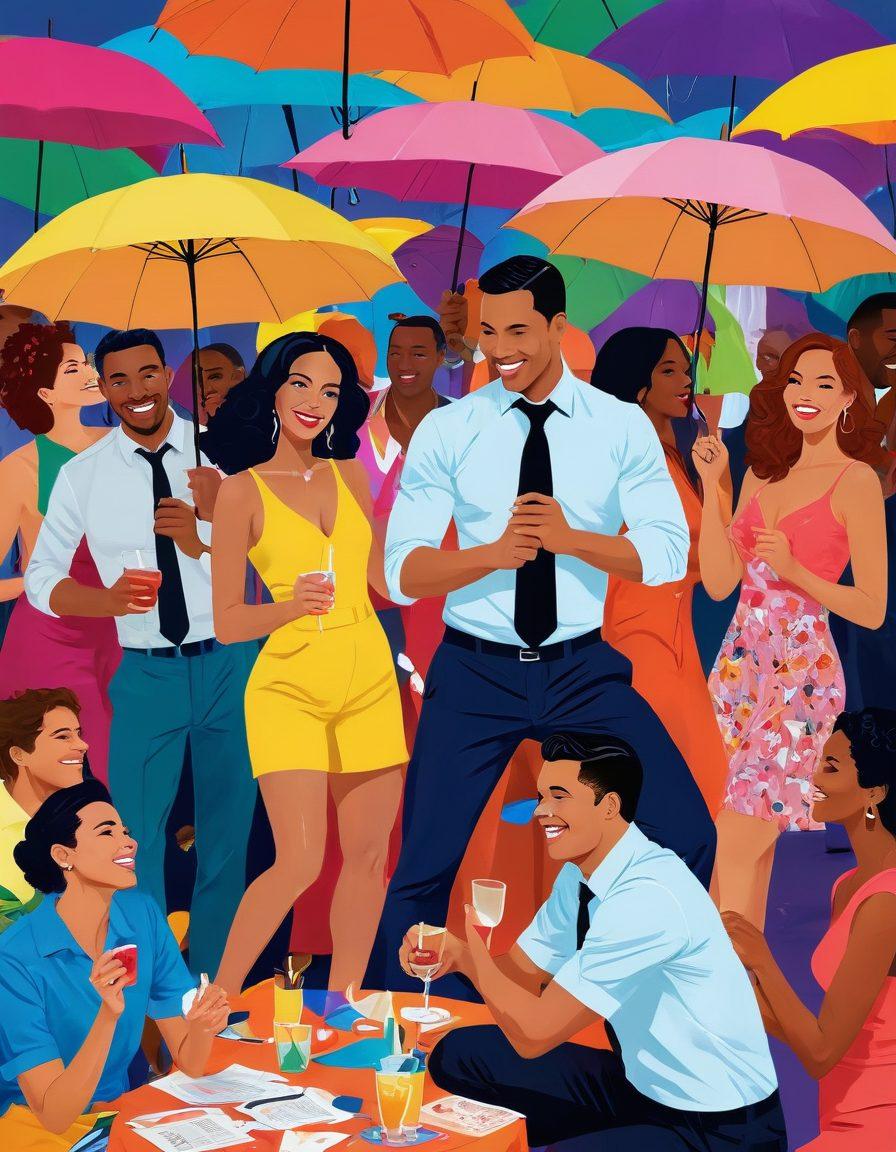A vibrant and modern collage depicting diverse couples cautiously engaging in various swinger activities, with symbolic elements representing risk management such as umbrellas, insurance documents, and protective gear. The background features a lively party setting, emphasizing community and connection. The overall tone is playful yet responsible, showcasing safety in a fun environment. This will captivate the reader's interest in safeguarding their lifestyle. colorful vector art. vibrant colors. modern design.